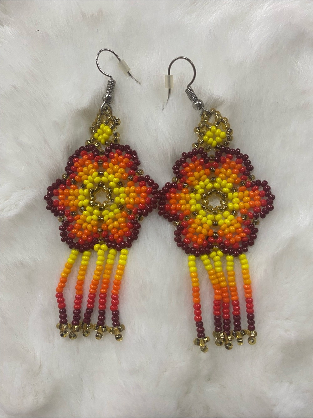 Handmade Beaded Floral Fringe Earrings - Yellow, Orange & Red